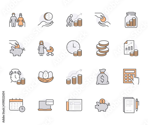 Retirement plan flat line icons set. Pension payment, money deposit, investment fund balance sheet inheritance vector illustration. Outline signs senior savings. Orange color. Editable Stroke