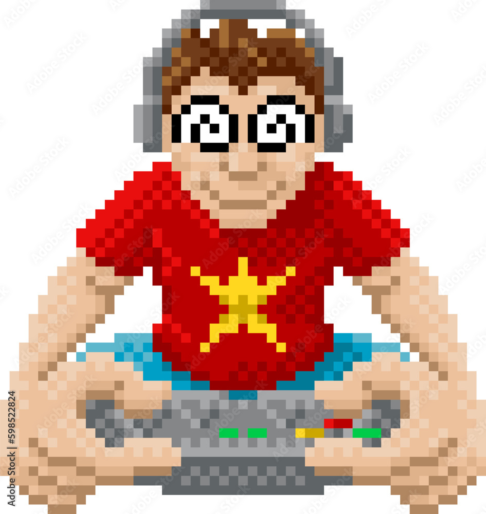 Gamer Playing Video Game Console Pixel Art Cartoon