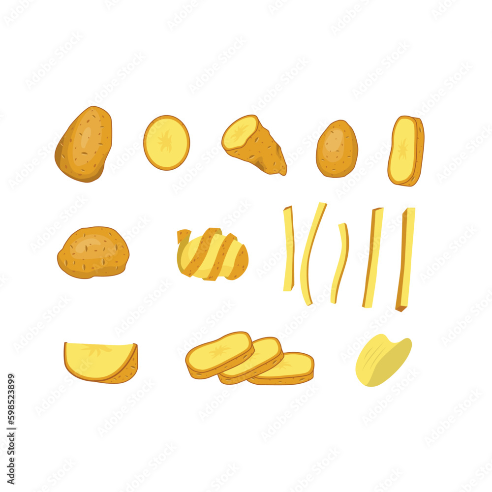 Vector Set of Cartoon Potatoes: Raw Sliced Potatoes, French Fries, and Chips. Illustration of Peeled and Chopped Potato Vegetable Products. Ripe and Delicious Potatoes for Food and Vegetable Cartoon Vector Set of Cartoon Potatoes: Raw Sliced Potatoes, French Fries, and Chips. Illustration of Peeled and Chopped Potato Vegetable Products. Ripe and Delicious Potatoes for Food and Vegetable Cartoon