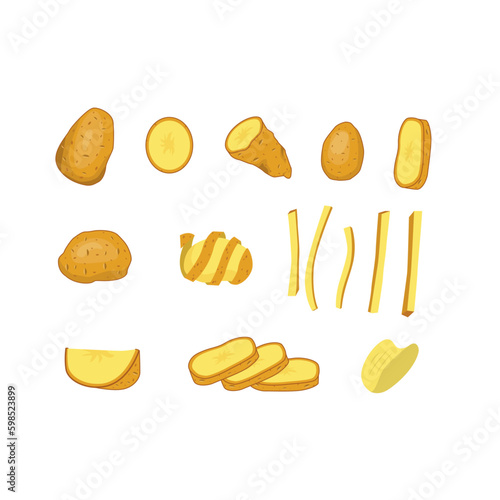 Vector Set of Cartoon Potatoes: Raw Sliced Potatoes, French Fries, and Chips. Illustration of Peeled and Chopped Potato Vegetable Products. Ripe and Delicious Potatoes for Food and Vegetable Cartoon