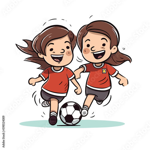 Cute happy little girl playing football soccer cartoon flat character vector illustration