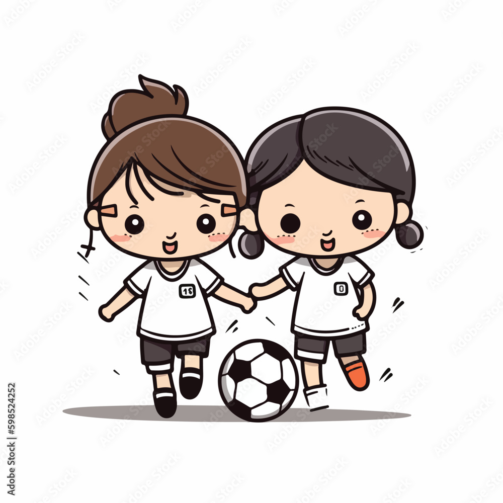 Cute happy little girl playing football soccer cartoon flat character vector illustration Cute happy little girl playing football soccer cartoon flat character vector illustration