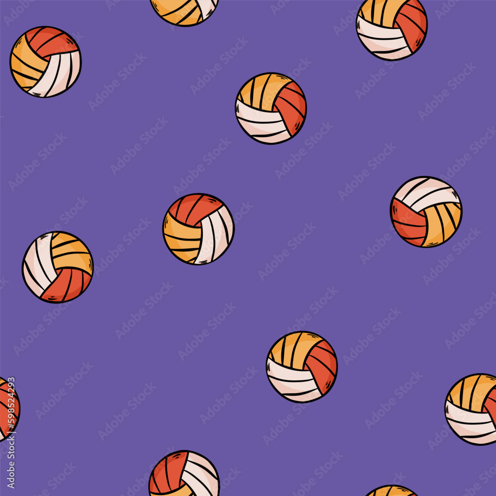volleyball illustration on blue background. yellow and white color with blue outline. seamless pattern. hand drawn vector. doodle art for wallpaper, wrapping paper, backdrop, fabric. sport icon.