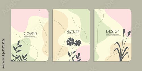 set of book cover designs with hand drawn floral decorations. abstract botanical background.size A4 For notebooks, books, cover, diary, schoolbook, planners, brochures, books, catalogs