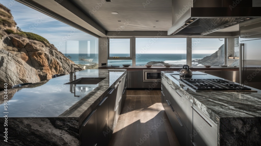 Interior of a modern kitchen with a view of the sea. Nobody inside. Generative AI