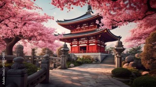 Chureito Pagoda and Cherry Blossoms in Tokyo, Japan. Generative AI illustration. photo