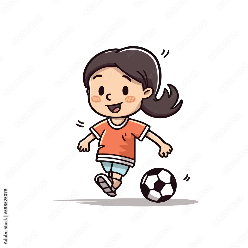 Cute happy little girl playing football soccer cartoon flat character vector illustration Cute happy little girl playing football soccer cartoon flat character vector illustration