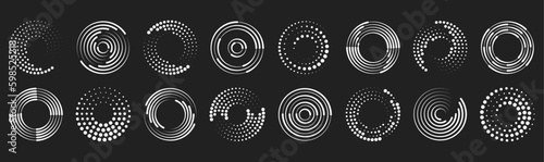 Circle dotted speed lines. Abstract round halftone circle frames, rotating dotted circle shapes. Big collection of round Logos.