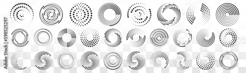 Circle dotted speed lines. Abstract round halftone circle frames, rotating dotted circle shapes. Big collection of round Logos.