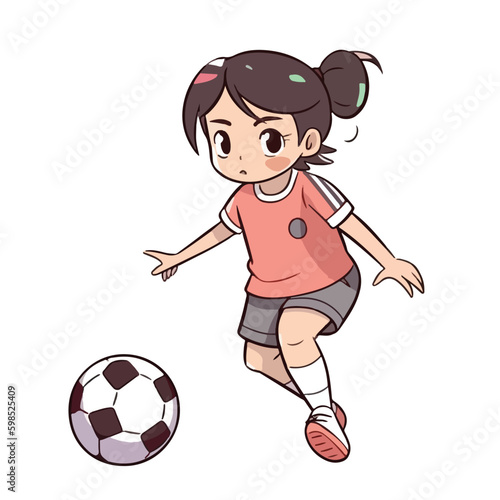 Cute happy little girl playing football soccer cartoon flat character vector illustration
