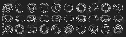 Rotating radial lines collection. Abstract Geometric circular shapes. Set of black thick halftone dotted speed lines.