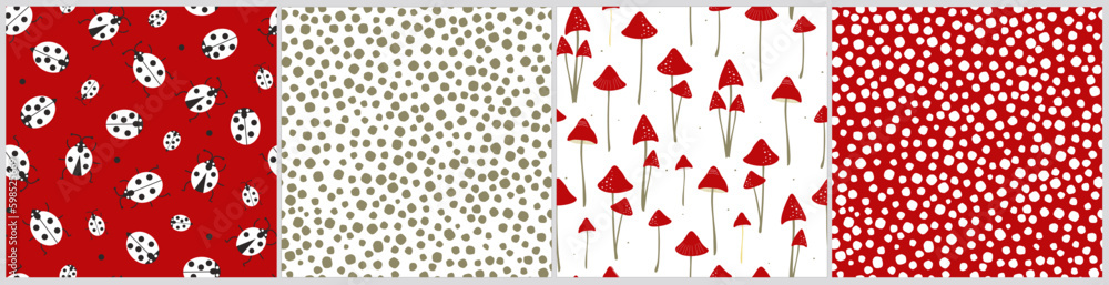 Set of seamless abstract patterns with ladybugs, fly agaric mushrooms, chaotic dots. Vector graphics.