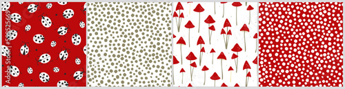 Set of seamless abstract patterns with ladybugs, fly agaric mushrooms, chaotic dots. Vector graphics.