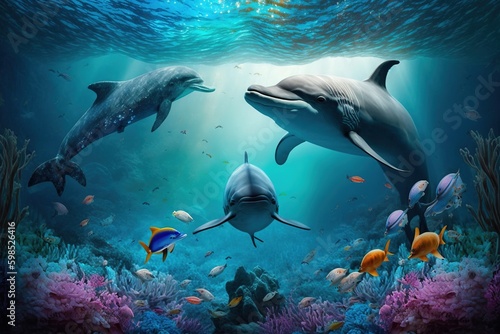 The beauty of the underwater ocean with aquatic animals