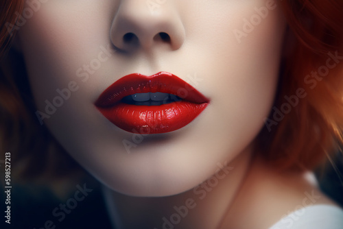 Lips of a girl with bright red close-up lipstick © Denis