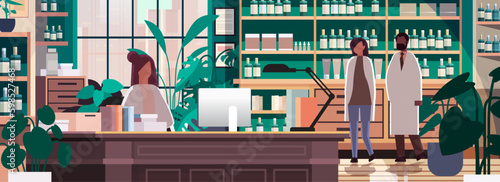 pharmacists at pharmacy counter modern drugstore interior medicine healthcare concept