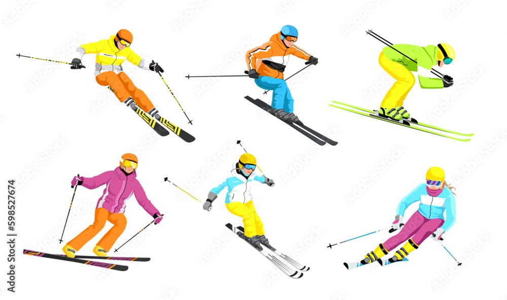 Set of skiers isolated on white background. Colorful icons skier rides, jumps, slides on mountains slope. Ski actions: downhill, slalom, freeride, freestyle. Skiing in winter Alps. Generative AI - obrazy, fototapety, plakaty 
