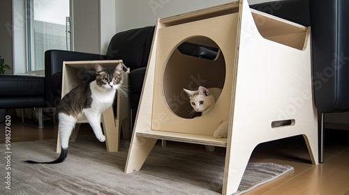 Modern minimalist small cat house made of refined wood, Generative AI photo