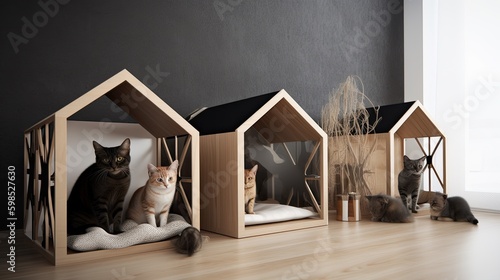 Modern minimalist small cat house made of refined wood, Generative AI photo