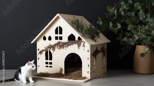 Modern minimalist small cat house made of refined wood, Generative AI photo