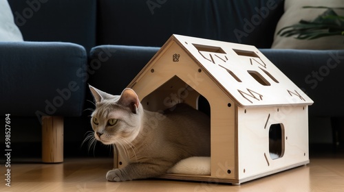 Modern minimalist small cat house made of refined wood, Generative AI photo