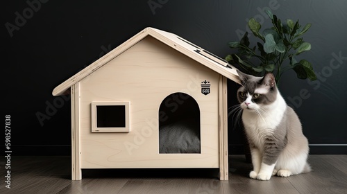 Modern minimalist small cat house made of refined wood, Generative AI photo