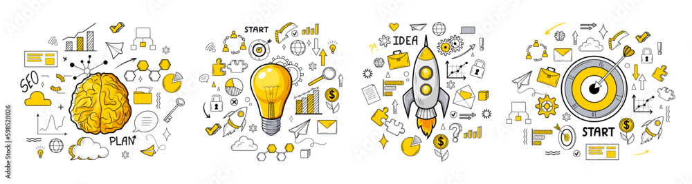 Creativity and innovation doodle icons collection. Hand drawn yellow color clip art. Good idea, business start up concept. Success management set of elements for finance growthing. Generative AI - obrazy, fototapety, plakaty 
