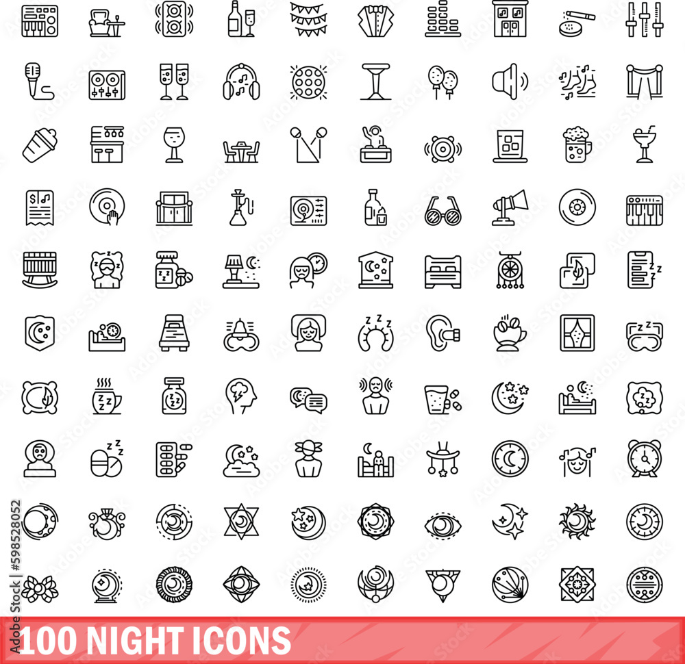 100 night icons set. Outline illustration of 100 night icons vector set isolated on white background 100 night icons set. Outline illustration of 100 night icons vector set isolated on white background