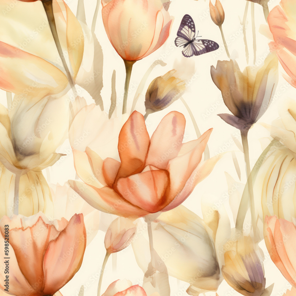 Watercolor Tulips Seamless Pattern, Digital Papers, Generative AI