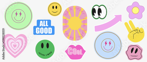 Vector flat stickers. A collection of various geometric shapes, resins and inscriptions. Trendy, strong cartoon design. Perfect for your notebooks, package stickers, advertising, social networks.