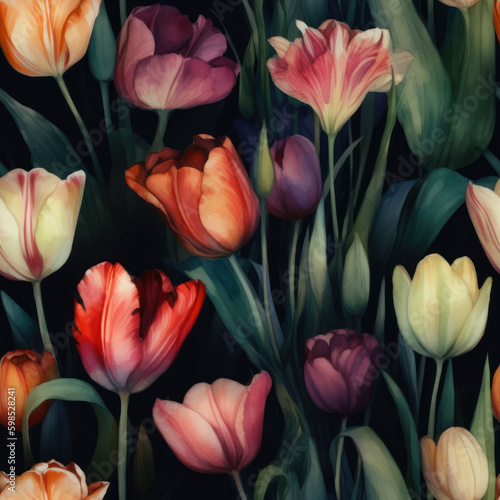 Watercolor Tulips Seamless Pattern  Digital Papers  Generative AI