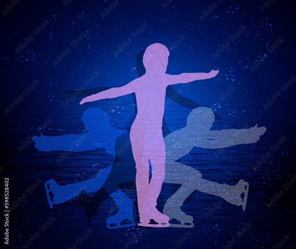 A young skater performs a spinning top. Silhouettes of the skater fixed in the moments of rotation. Illustration.