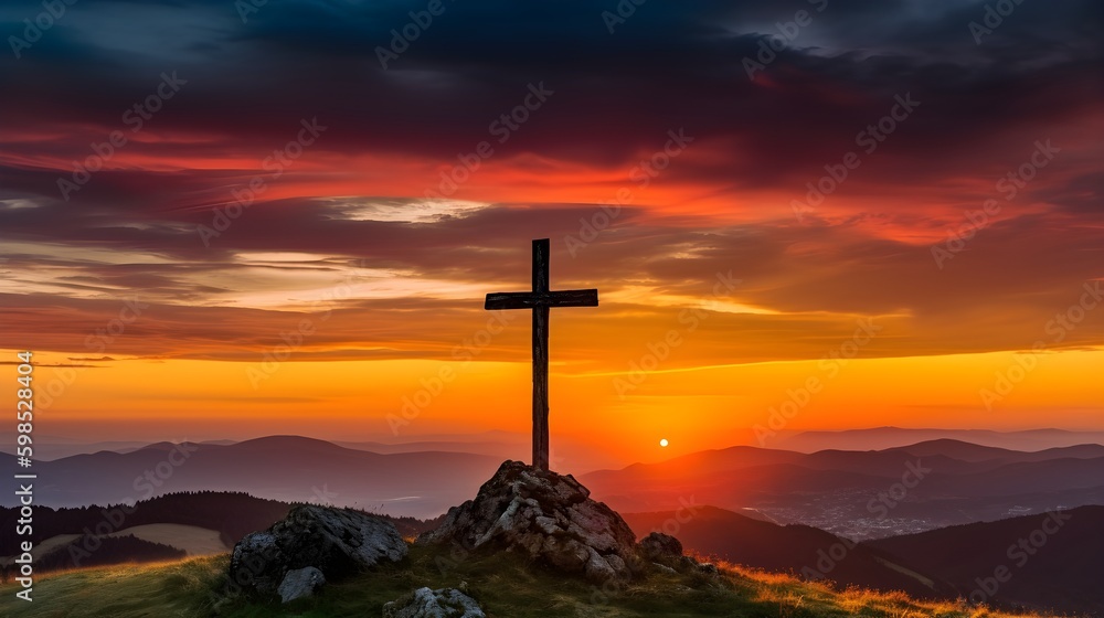 Jesus cross on top of a mountain - cross concept
