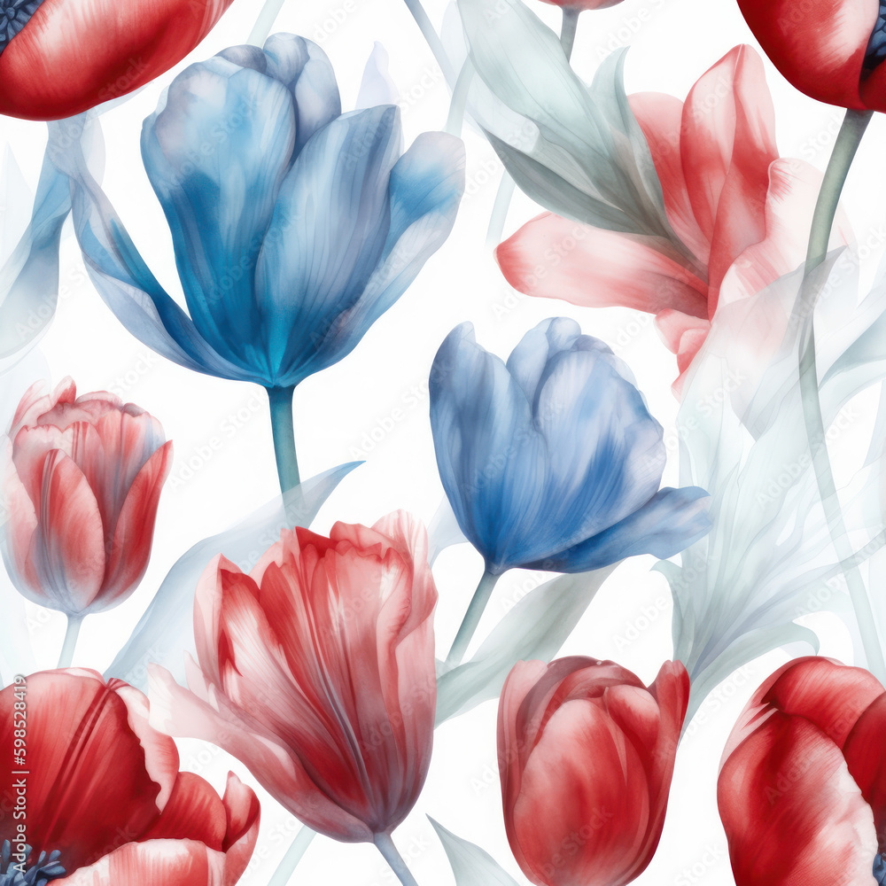 Watercolor Tulips Seamless Pattern, Digital Papers, Generative AI