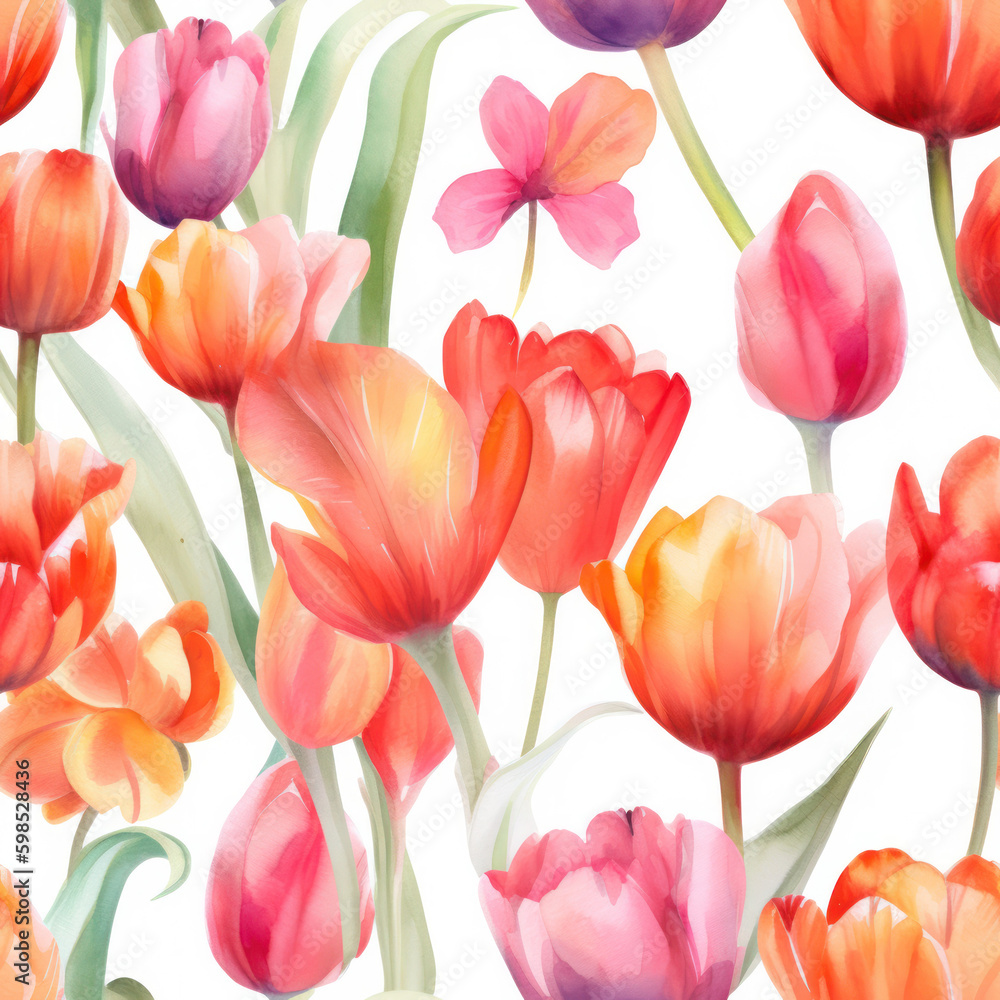 Fototapeta premium Watercolor Tulips Seamless Pattern, Digital Papers, Generative AI