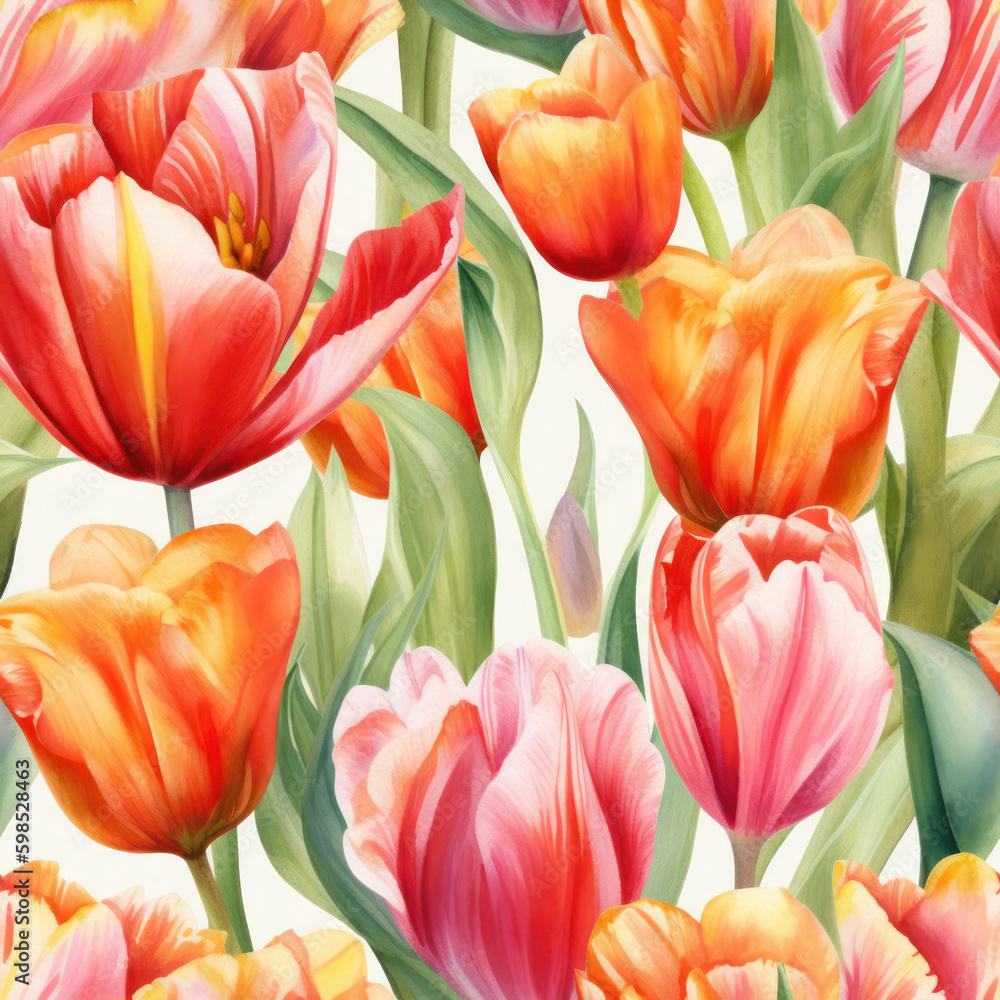 Fototapeta premium Watercolor Tulips Seamless Pattern, Digital Papers, Generative AI