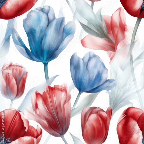 Obraz na płótnie Watercolor Tulips Seamless Pattern, Digital Papers, Generative AI w salonie