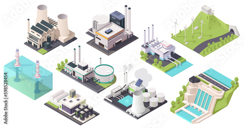 Industrial energy buildings set in isometric design. Power plants and alternative green hydro electric generation stations. Nuclear fuel reactor power. Geothermal or wind stations. Generative AI © GN.STUDIO