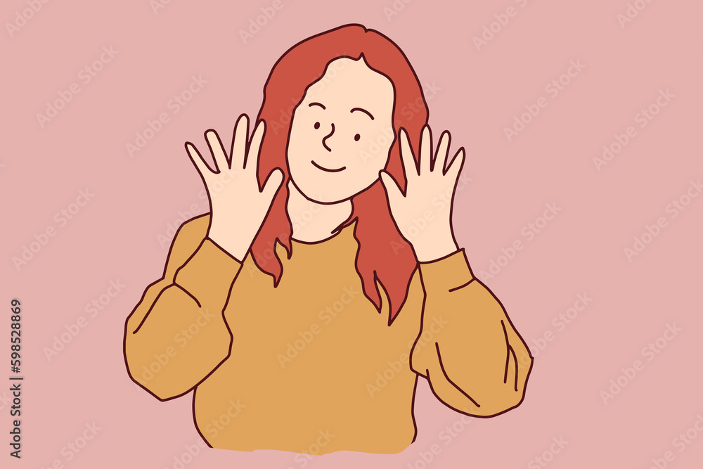 cartoon line beautiful girl teenager raising hands to greet bright hand drawn illustration vector cartoon line beautiful girl teenager raising hands to greet bright hand drawn illustration vector