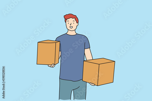 line art worker lifting boxes in warehouse store packing delivery worker hand drawn illustration vector simple