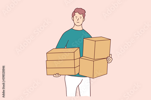 line art worker lifting boxes in warehouse store packing delivery worker hand drawn illustration vector simple