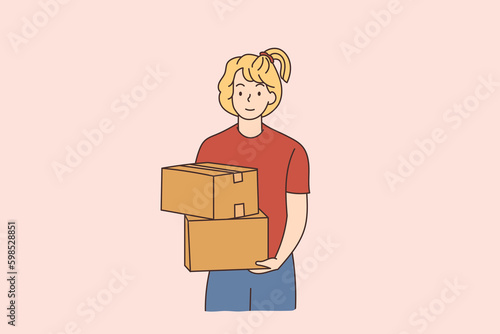 line art worker lifting boxes in warehouse store packing delivery worker hand drawn illustration vector simple