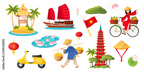 Set of symbols of Vietnam. Cartoon illustrations of people, rice terraces, Tran Quoc Pagoda, lotus lake, a scooter ets. isolated on a white background. Vector 10 EPS.