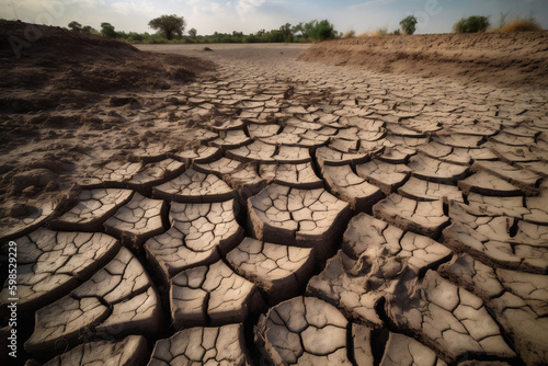 Cracked land in a dry lake caused by climate change. Generative AI.