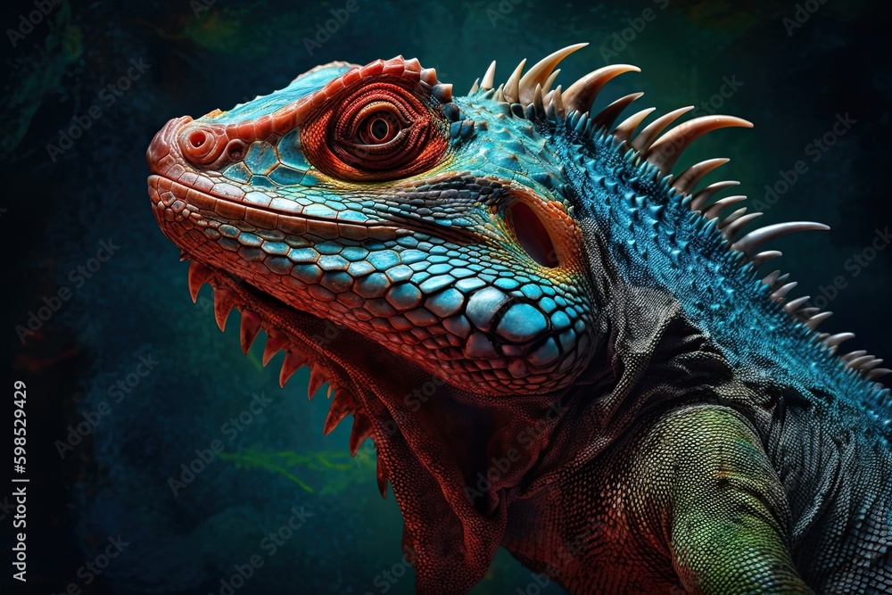 Fototapeta premium Portrait of Incredibly cute colorful chameleon lizard. Exotic wild lizard or reptile. Generative AI