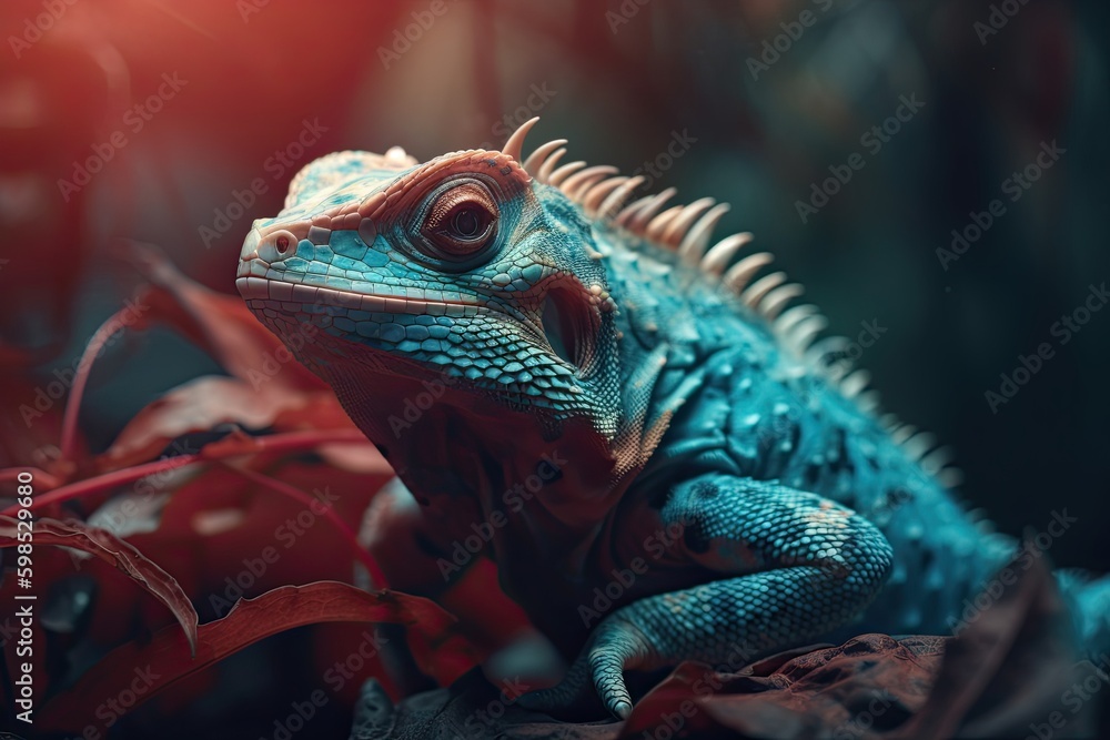 Fototapeta premium Portrait of Incredibly cute colorful chameleon lizard. Exotic wild lizard or reptile. Generative AI