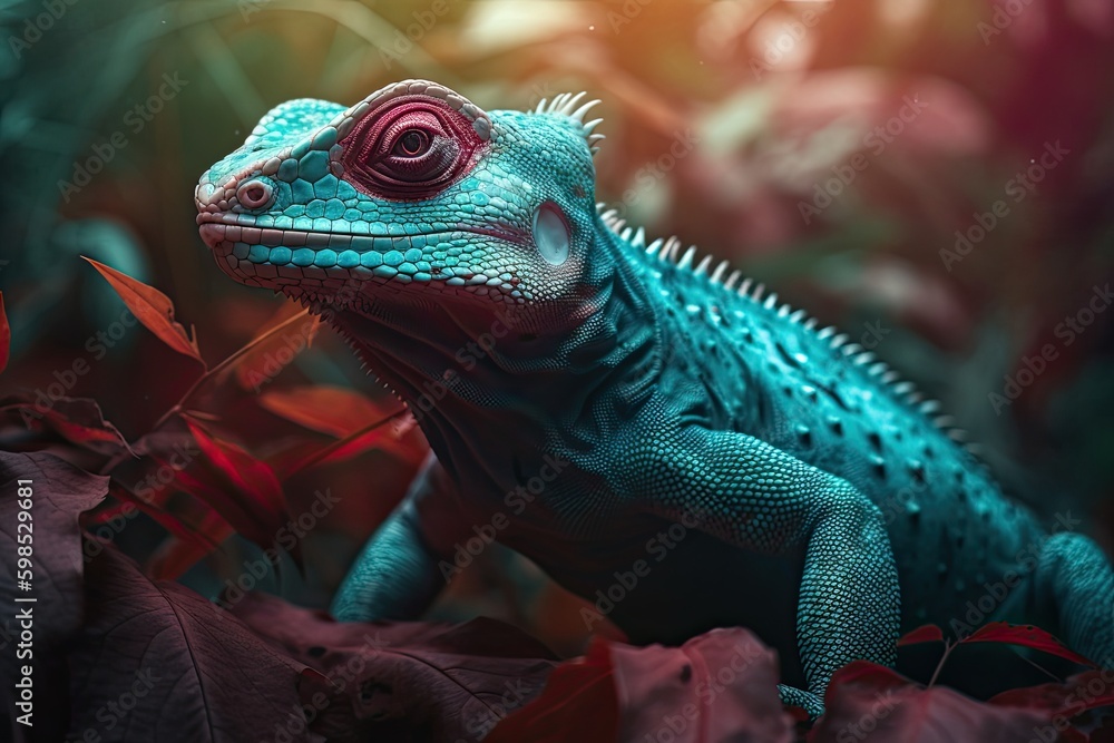 Fototapeta premium Portrait of Incredibly cute colorful chameleon lizard. Exotic wild lizard or reptile. Generative AI