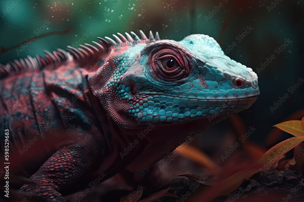Obraz premium Portrait of Incredibly cute colorful chameleon lizard. Exotic wild lizard or reptile. Generative AI
