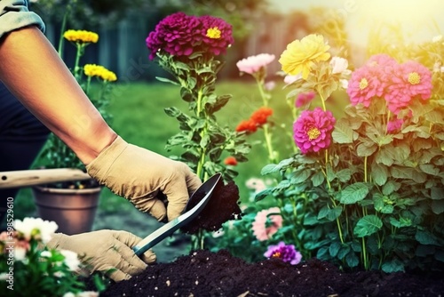 Gardeners' hands planting flowers in the backyard