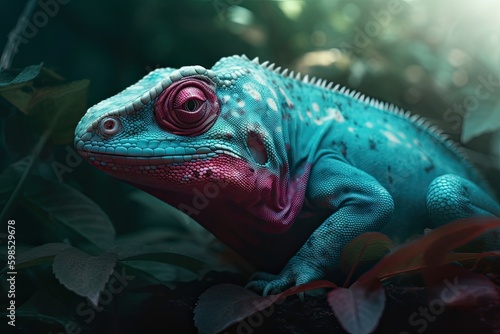Portrait of Incredibly cute colorful chameleon lizard. Exotic wild lizard or reptile. Generative AI © Gelpi